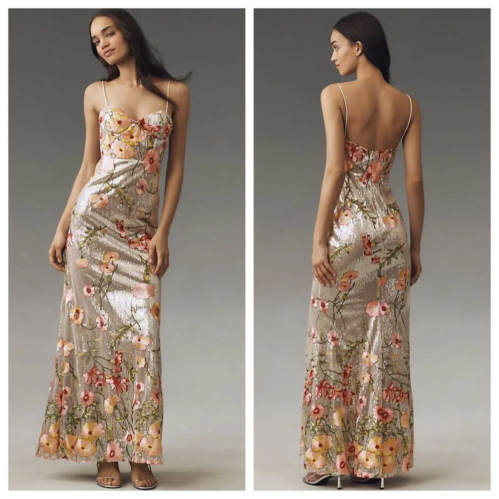 Mac Duggal Sequin Floral Embroidered Bustier Gown NWT